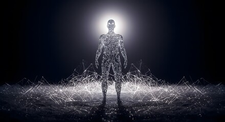 Artificial Intelligence Glowing Circuit Human Figure in a Dark Setting