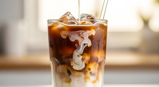 Iced coffee delight with swirls of creamy milk, a cool and refreshing treat perfect for summer days and coffee lovers wanting a caffeine boost