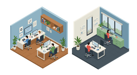 Naklejka premium Modern isometric office spaces illustrating teamwork and remote work scenarios