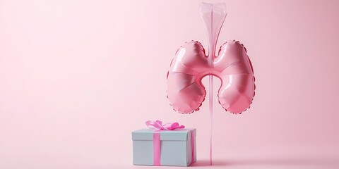 Pink balloon shaped like a human lung, with a pink ribbon bow, standing on a pink background with a white gift box.