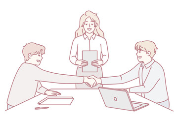 People handshake close deal at office meeting. Smiling businessmen shake hands make agreement at briefing. Employment and partnership. Vector illustration.