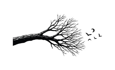 Silhouette tree drawing nature black ink vector illustration feather pattern design