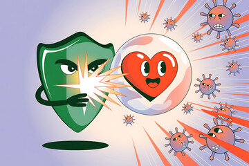 Protective Shield Defending a Healthy Heart from Virus Cartoon Illustration