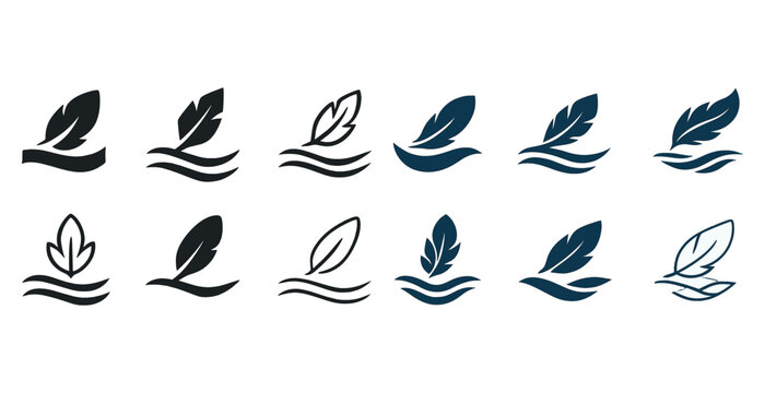 Set of feather and water wave icons in various designs and colors