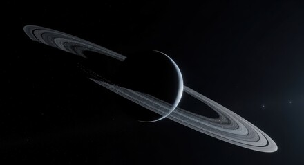 black and gray background - Shadowed ringed gas giant seen edge-on as a slim crescent icy rings throwing thin shadows across the globe while distant stars dot the void revealing layered faint bands