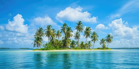 A serene tropical island with palm trees and a sandy beach under a clear blue sky with fluffy white clouds.