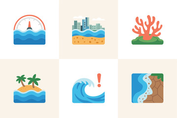 Fototapeta premium Ocean hazard icons, high waves, coastal barrier splash, tropical island, warning surge, rocky cliff erosion, conservation