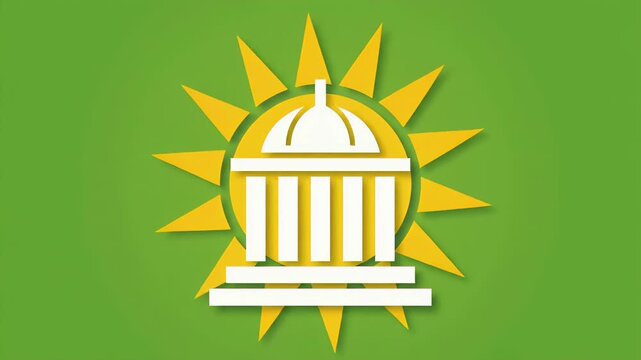 Government building icon with sun symbol on green background animation