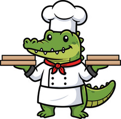 Cartoon alligator chef character, cooking mascot, culinary animal illustration, restaurant branding, food service icon, kitchen uniform, smiling reptile