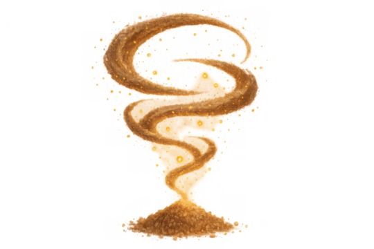 Magic glowing dust vortex rising from a sand pile creating a sparkling fantasy spell effect on transparent background