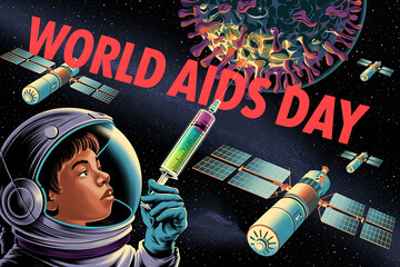 World Aids Day in space astronaut holding syringe combating virus art