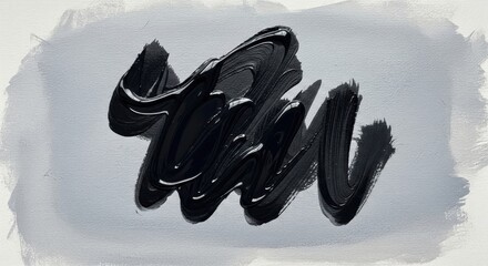 black and gray background - Bold glossy black brushstroke twists across a cool gray-blue textured ground, heavy impasto ridges and smudged edges suggesting motion and depth, with a glossy wet sheen