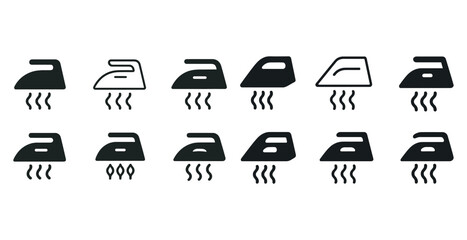 Icons of steam irons with different heat settings in black and white