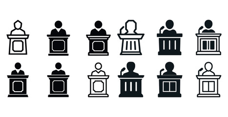 Set of simplified public speaker icon variations in black and white