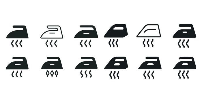 Icons of steam irons with different heat settings in black and white