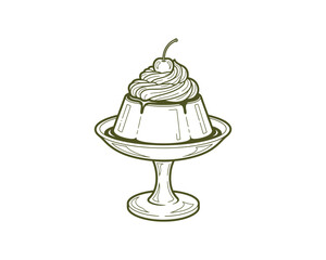 Sweet summer dessert vector illustration: isolated cold ice cream in a glass bowl with fruit, chocolate, and cherry cake