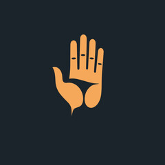Stylized orange hand symbol with fingers spread against a dark background.