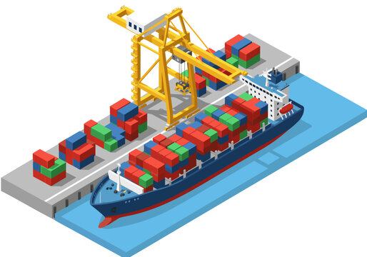 Isometric illustration of a container ship at a port, loading and unloading cargo containers for global trade
