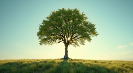 Obraz premium Tree in a grassy field with the sun shining through the branches