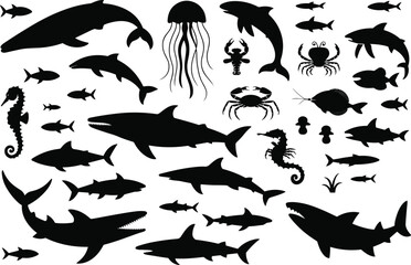 Marine animal silhouettes, shark dolphin whale jellyfish crab fish vector, ocean creatures clipart, underwater wildlife icons, sea life illustration