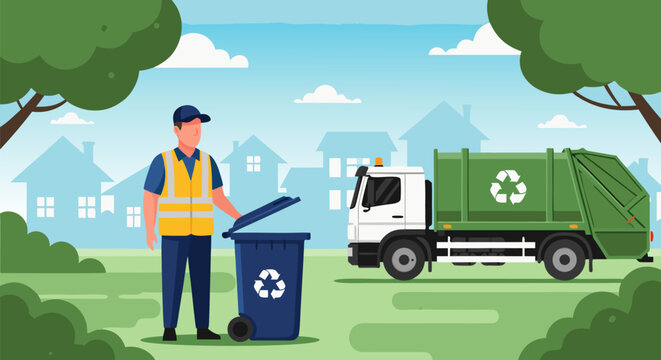 Sanitation worker collecting recyclables with a garbage truck in a suburban town. Eco-friendly waste management and city service vector concept.c