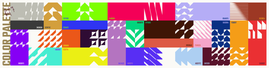 Trendy different combinations colors guide with codes, Colour palette abstract postmodern composition with geometric shape in brutalism aesthetics, Geometry minimalistic colorful artwork 7