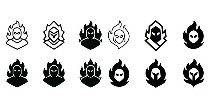Set of black and white flame icons with masked figures