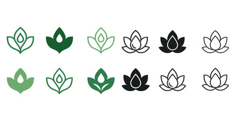 Set of twelve lotus flower icons in black and green with outline variations
