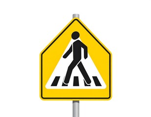 Pedestrian crossing sign, bright yellow, a black figure, and a striped pathway