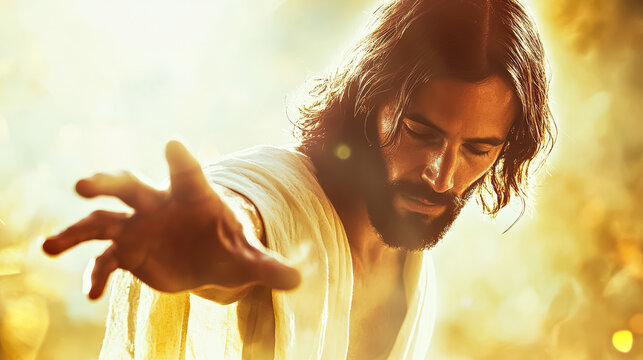 Spiritual figure extends hand in a gesture of connection, dressed in a flowing robe, surrounded by a warm and radiant atmosphere