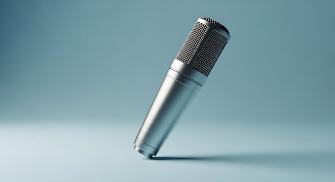 A silver microphone standing upright against a light blue background in a studio setting light