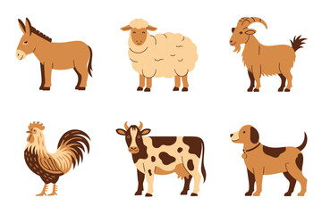 Pasture animals illustration pack, gentle donkey, woolly sheep, mountain goat, crowing rooster, spotted cow, friendly dog, folk style