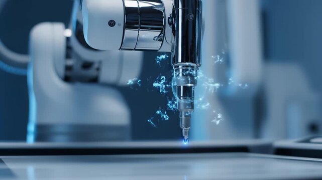 A futuristic robotic arm with a glowing blue tip precisely operates within a high-tech cleanroom setting, displaying an artificial intelligence data interface, symbolizing advanced automation and indu