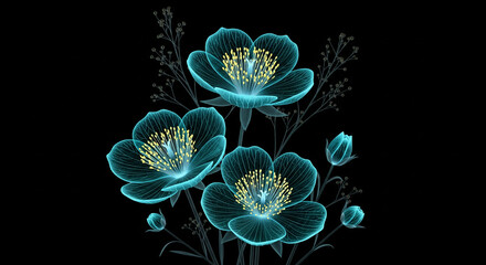 Glowing Cyan X Ray Flowers for Science Tech Background Elegant Floral Design