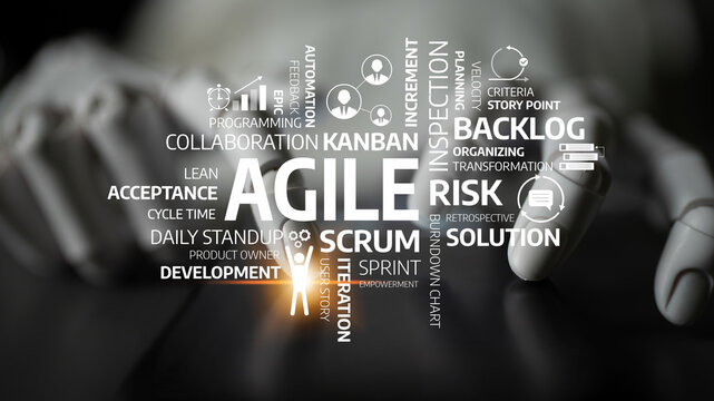 This image showcases key concepts related to agile methodology in project management, highlighting terms like SCRUM, Kanban, and collaboration for effective software development. Tessel