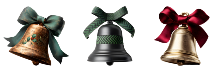 Set of vintage Christmas bells with ornate ribbons, isolated on transparent background