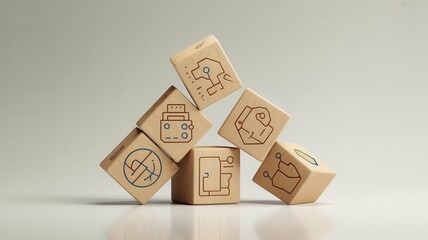 Abstract technology icons on wooden blocks forming a pyramid, symbolizing innovation, connection, and complex systems development concepts