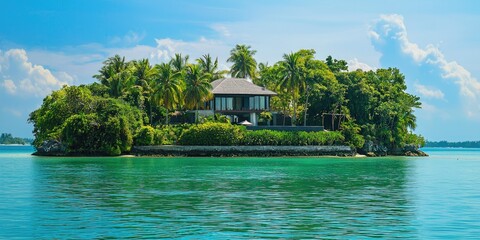 A serene tropical island with a house, palm trees, and lush greenery in the background, with a clear blue sky and calm ocean waters.