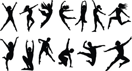 Obraz premium Modern dance and ballet silhouette vector collection, male and female gymnasts jumping and posing in air, dynamic black figures set.
