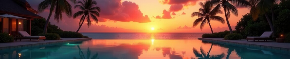 Fototapeta premium Hawaiian sunset, palm silhouettes reflected in pristine pool , scene, tropical, serenity