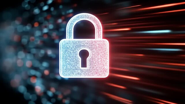 Glowing digital locks symbolizing cybersecurity amidst vibrant streaks of light in a tech-themed background