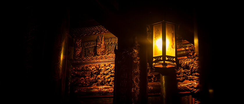 Lantern Glowing in the Darkness at King Temple, Hoa Lu, Ninh Binh, Vietnam