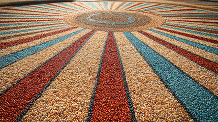 radial. Complex mandala pattern from colored sand, radial symmetry and vibrant colors. event programs, museum guides, designed for cultural heritage projects and event programs, supports education.
