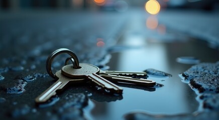 Two keys sitting on a puddle of water on the street