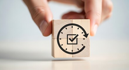 Hand holding a wooden block with a clock and checkmark icon representing time management and task completion