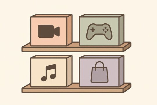 Abstract representation of multimedia categories on display in a minimalist shelf design showcasing icons for video gaming, music, and e commerce to convey digital lifestyle dynamics