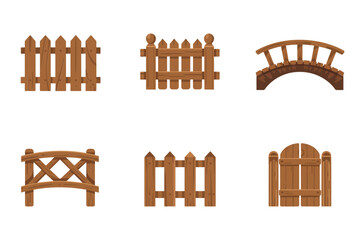 Backyard fences set, picket rows, garden gate, arched bridge segment, ranch style panels, home landscaping vector