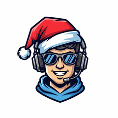 Fototapeta premium Cartoon gamer head wearing santa hat headset sunglasses character logo