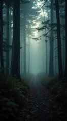 Obraz premium View of a path in a dark forest with fog