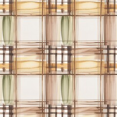 Seamless watercolor plaid pattern with earthy tones and brushstroke textures in a cozy autumnal color palette